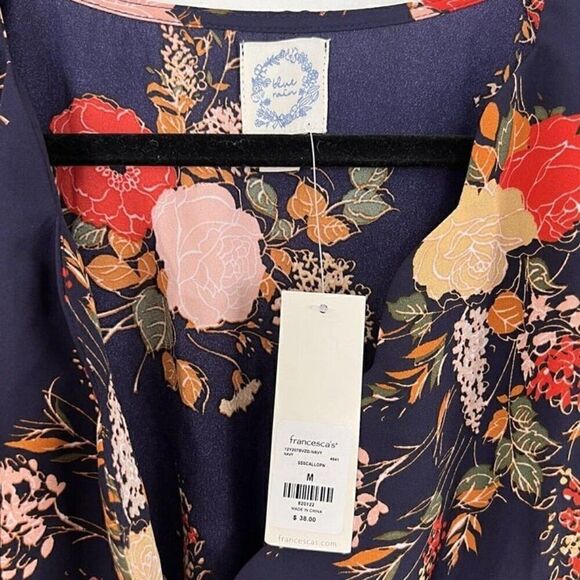 Blue Rain Francescas NWT Blue Peplum Scalloped Trim Floral Wrap Blouse Medium - Picture 7 of 12